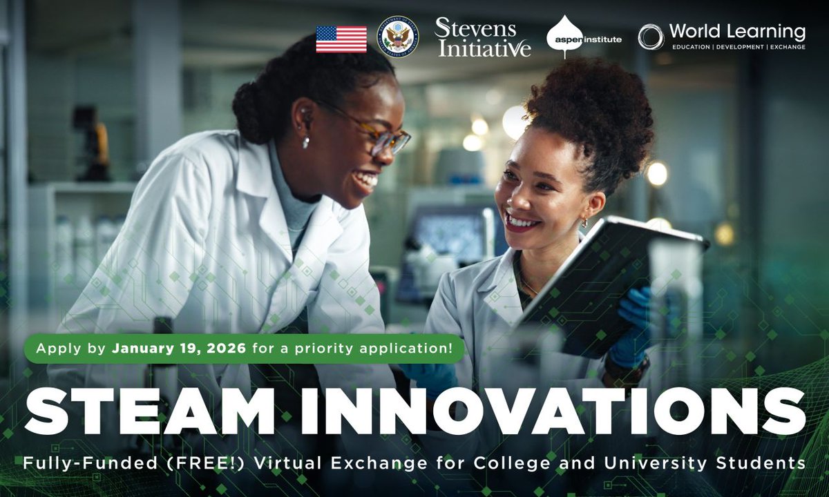 opportunitiesfy's tweet photo. 🌍 STEAM Innovations is open!
Fully funded virtual exchange for college students.
⏰ Deadline: Jan 19, 2026
🔗 https://t.co/5feeHaF6tm
#STEAM #VirtualExchange #FullyFunded #ApplyNow https://t.co/AD8hT12Ur9