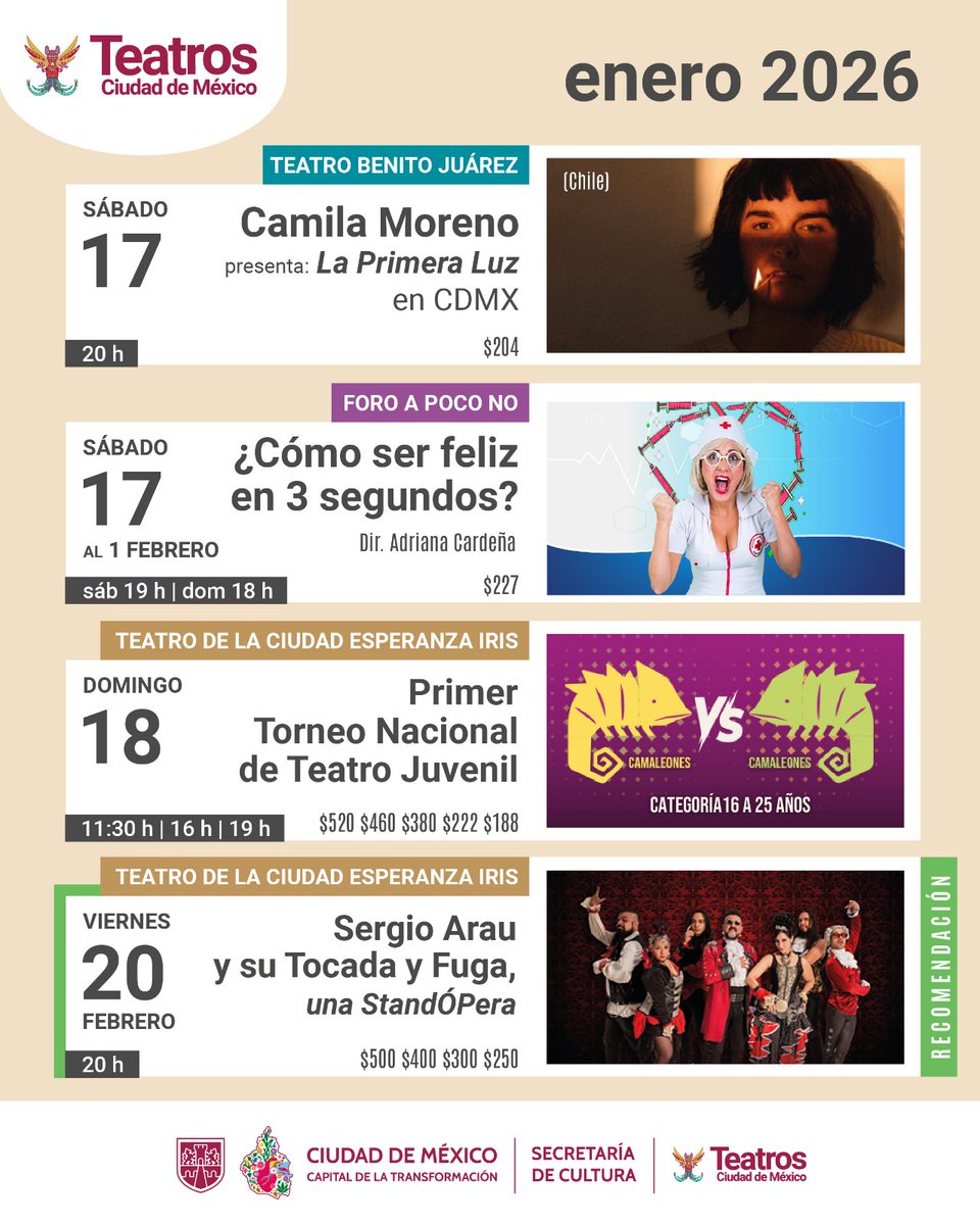 TeatrosCDMX's tweet photo. 📷 Este #enero 2026, los Teatros de la Ciudad de México se se iluminan con una cartelera irrepetible: teatro juvenil, conciertos inolvidables y cabaret lleno de energía. Arranca el año disfrutando de arte, música, y pasión que solo el escenario puede regalar.
#cartelera https://t.co/7vFPnVWeVf