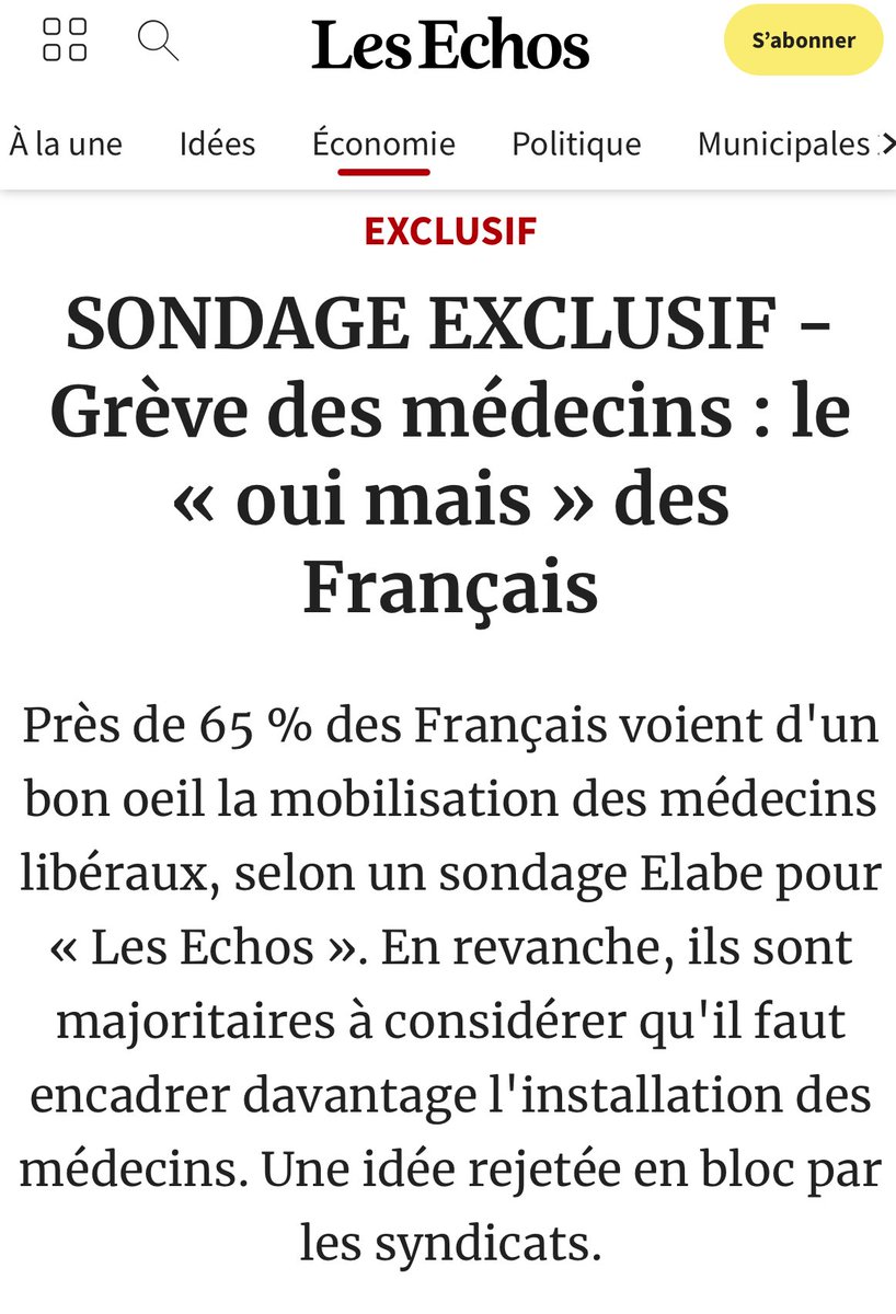 Le mouvement de grève des médecins est largement soutenu par la population
  et désormais rejoint par les syndicats de médecins hospitaliers 

"Près de 65 % des Français voient d'un bon oeil la mobilisation des médecins libéraux"

lesechos.fr/economie-franc…