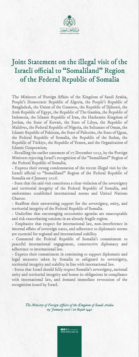 KSAmofaEN's tweet image. #Statement | Joint Statement on the illegal visit of the Israeli official to “Somaliland” Region of the Federal Republic of Somalia.