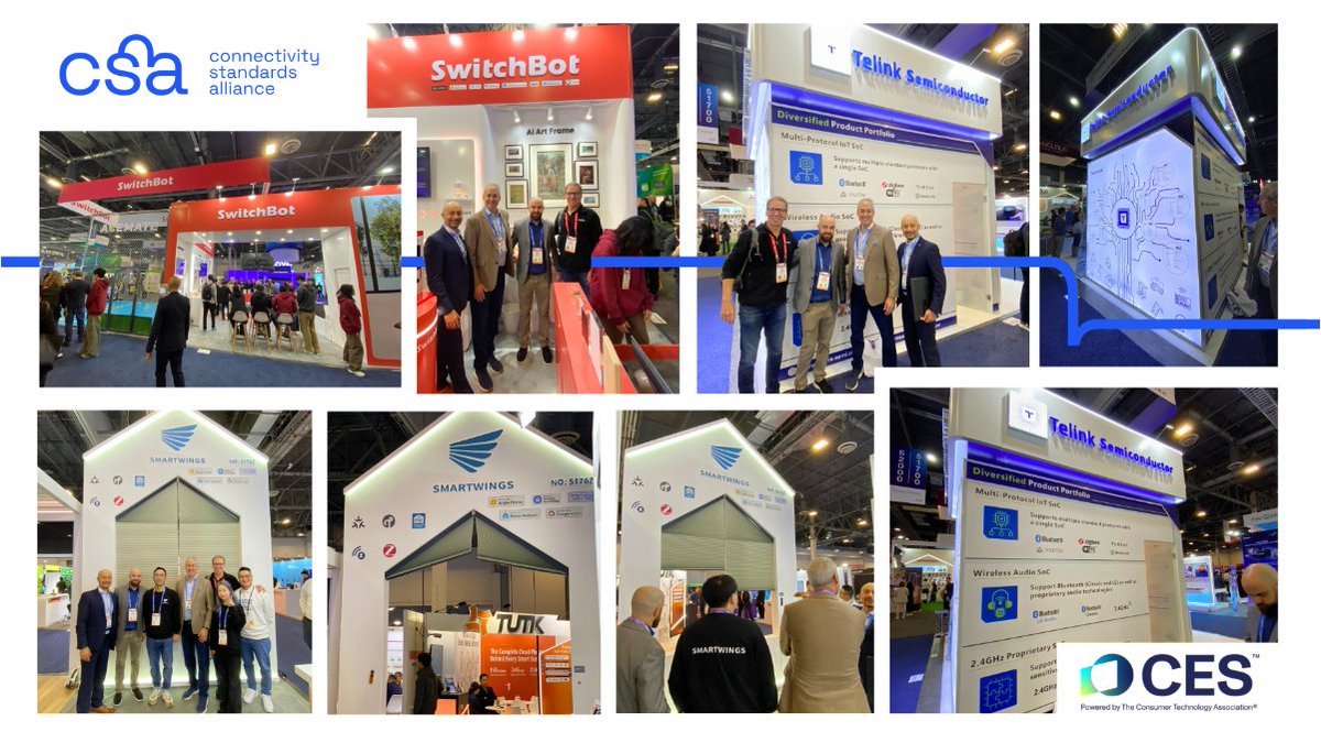 csaiot's tweet photo. Alliance President & CEO @TobinRichardson continued his #CES2026 showroom floor walkthrough, visiting Alliance Members @SwitchBot, @TelinkSemi, and @smartwingsteam!

@SwitchBot is displaying multiple #Matter-certified devices, including the SwitchBot Video Doorbell and SwitchBot AI Hub. Pictured with Daniel Matosian and Dave Kaufman.

@TelinkSemi is highlighting support for multiple protocols, including Matter and #Zigbee.

@smartwingsteam is showcasing Matter-certified window coverings and window shades. Pictured with James Gan and Rufus Chen.

#csaiot #CES2026