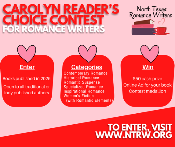 Nrth_TX_Romance's tweet photo. #Romance Authors! 
The Carolyn Readers' Choice Award, one of the few contests judged entirely by readers in the U.S., is officially open! 
For works published in 2025. 
Early-bird rate ends Jan 6, 2026 
Learn more at https://t.co/dIsXQJqADb: https://t.co/HbTtlp5z4K https://t.co/qRsPs1zLGk