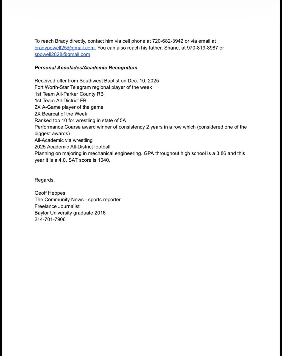 Bradybullpowell's tweet image. Thank you so much @LGH3 for this amazing write up!! Means a lot to me and looking forward to seeing where my future home will be!!

@ocrobbyjones @thecoach777 @RecruitAledo @TXRecruits @TXTopTalent @On3Recruiting @Recruit_DFW @Nick_Smith21_ @Rivals  @MichaelWoosley @Prep2Play…