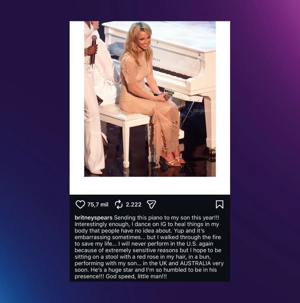 poponze's tweet image. Britney Spears desabafa em novo post:

“Eu danço no Instagram para curar coisas no meu corpo que as pessoas nem imaginam. Sim, e às vezes é até constrangedor… Mas eu atravessei o fogo para salvar a minha vida.”
