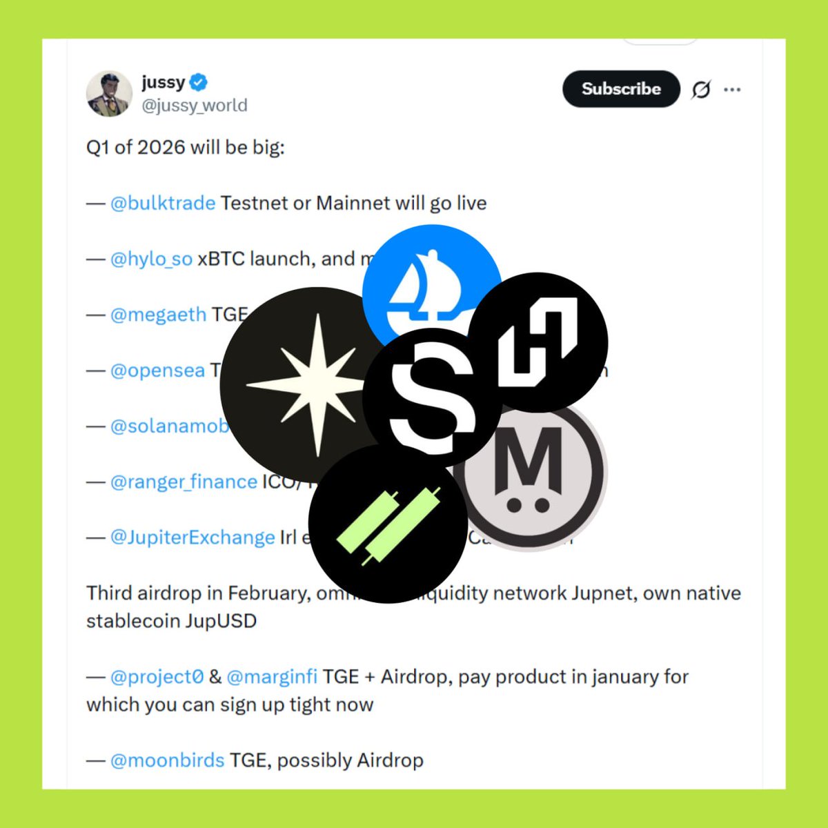 🚀 Q1/2026 có thể diễn ra những sự kiện nào?

> <a href="/hylo_so/">Hylo</a>: ra mắt xBTC, khả năng cao sẽ có token
> <a href="/megaeth/">MegaETH</a>: TGE
> <a href="/opensea/">OpenSea</a>: TGE + Airdrop, có thể kèm chương trình buyback ngay từ ngày đầu launch
> <a href="/project0/">Project 0</a> &amp; <a href="/marginfi/">marginfi</a>: TGE + Airdrop
> <a href="/moonbirds/">Moonbirds</a>: TGE, có thể kèm