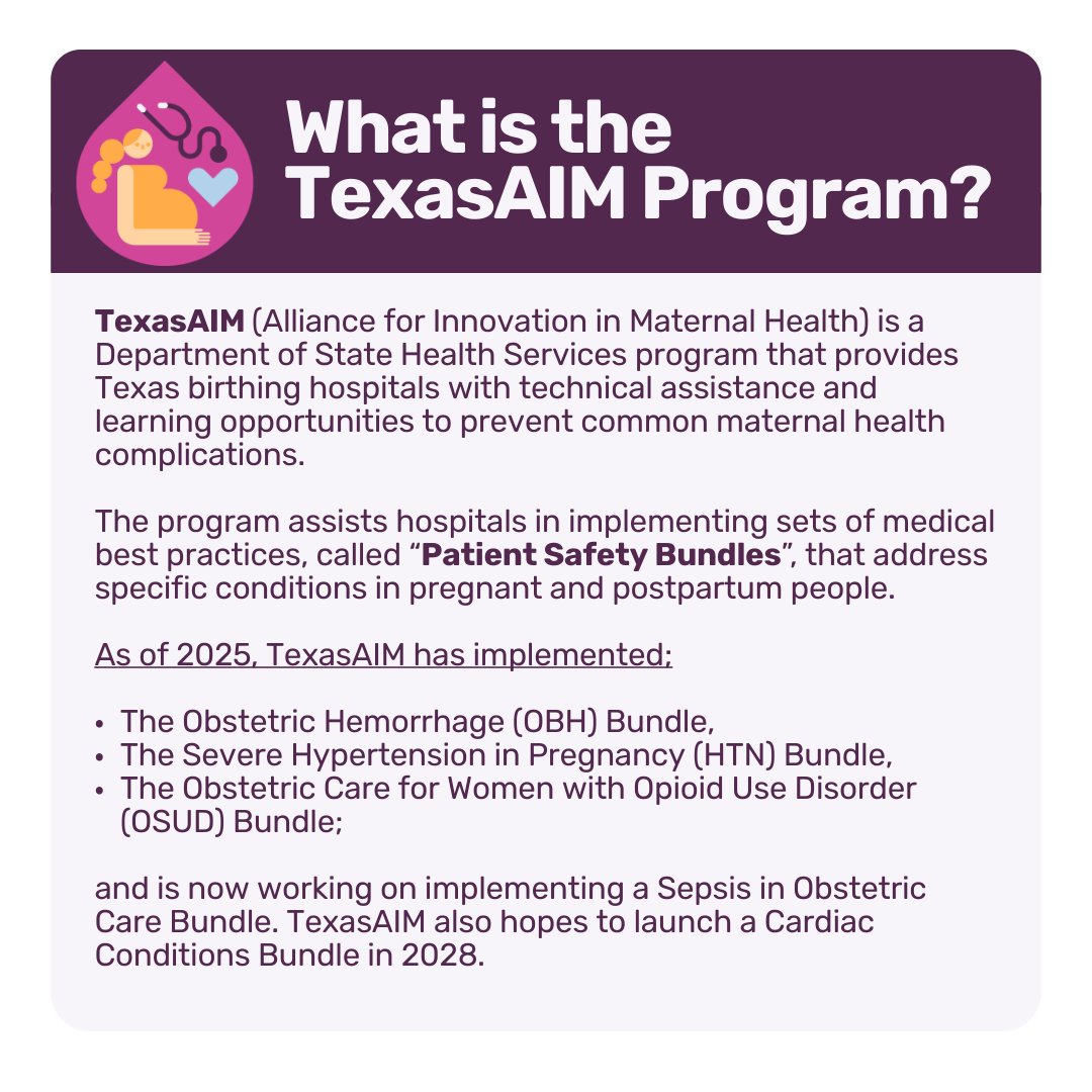 TexasWHC's tweet photo. 📊 Updated TWHC One-Pagers Are Here! New resource spotlight: TexasAIM.

This refreshed one-pager walks through how patient safety bundles support safer pregnancy and postpartum care across Texas.

📄 Explore the updated TexasAIM one-pager here:

https://t.co/UQVQq4eI2w https://t.co/Qrw478s5lV