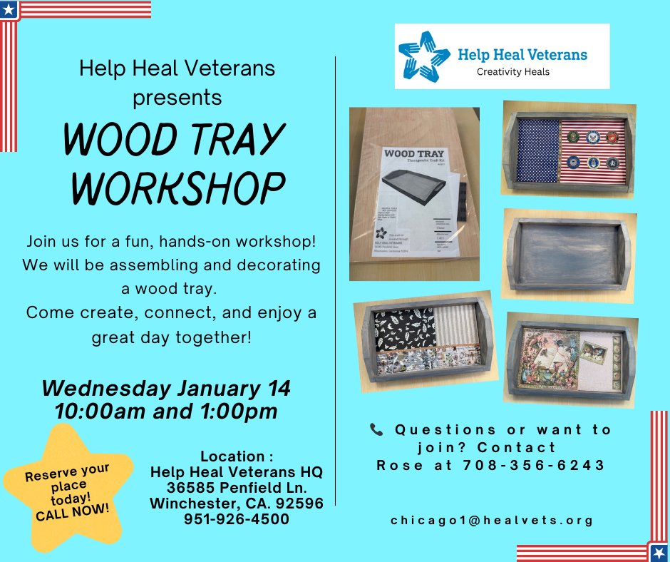 🚨 Just days until our Wood Tray Workshop! Limited spots—don’t miss out! 📅 Jan 14, ⏰ 10 AM &amp; 1 PM 📍 Help Heal Veterans HQ, Winchester, CA 📞 Reserve: 708-356-5243. #WoodTrayWorkshop #CreativityHeals #HelpHealVeterans #WinchesterCA #ArtTherapy #MakeAndCreate