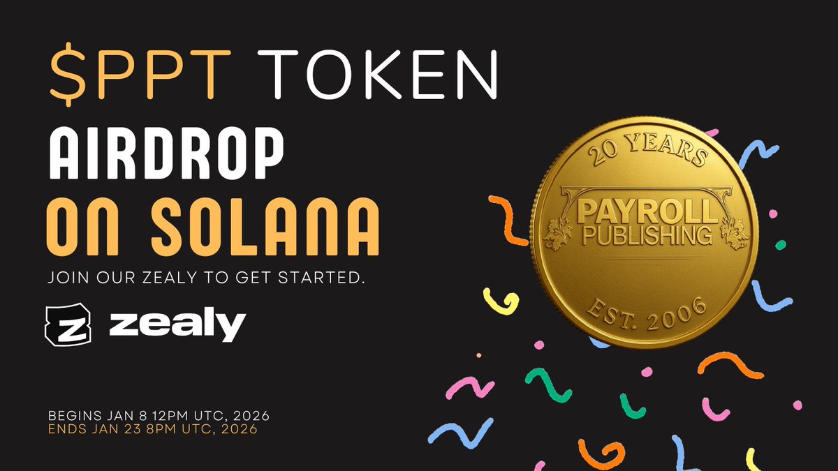 PayrollPub's tweet photo. $PPT AIRDROP IS NOW LIVE! 
Only 100 spots for round 1!

The official $PPT Zealy Airdrop runs:
Jan 8 → Jan 23
Token launch: Jan 26

Complete the (6) required quests here:
https://t.co/M3R2YuFfgP

#ZEALY #AIRDROP #SOLANA $SOL $PPT https://t.co/Kmq2sDchJW