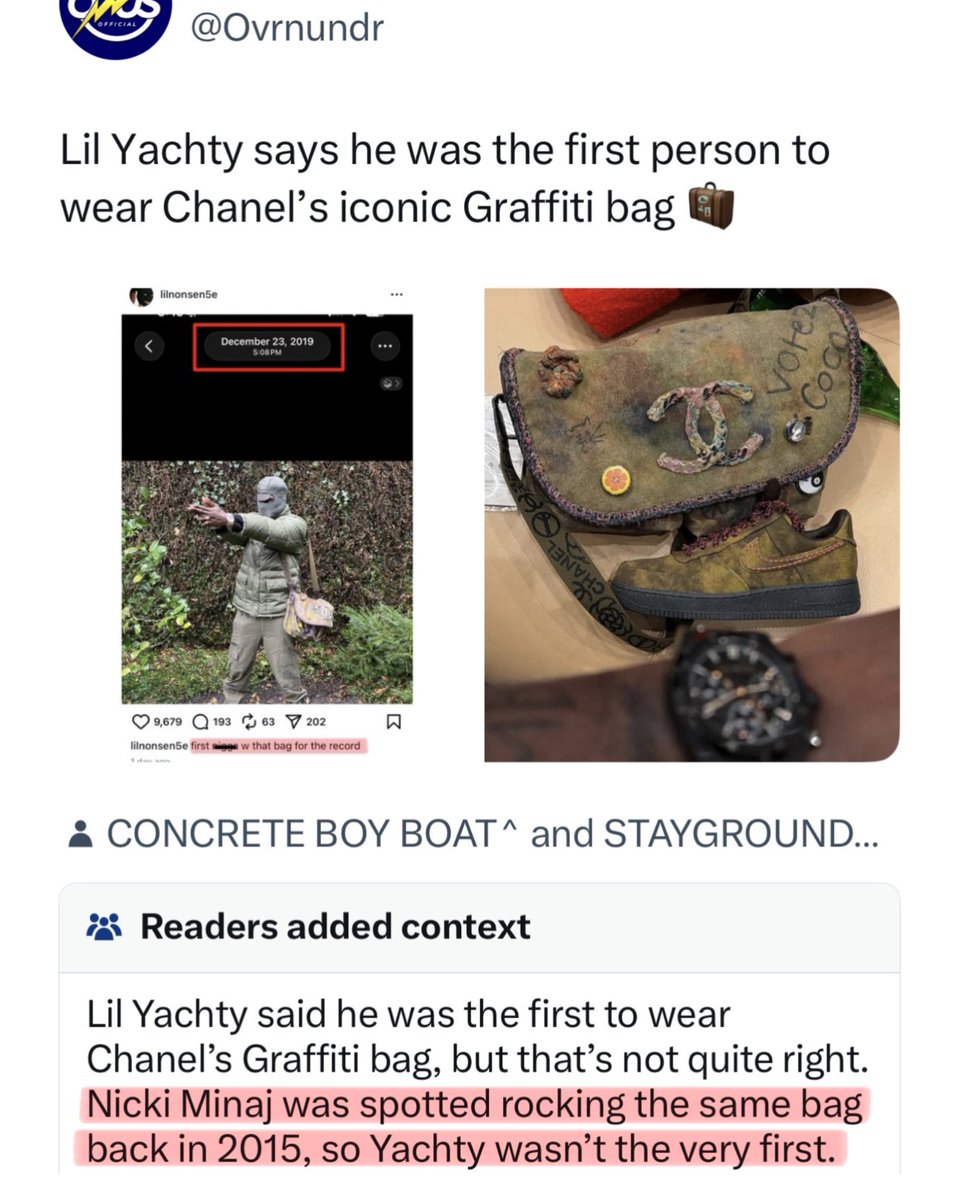 Ovrnundr's tweet image. Lil Yachty got community noted after claiming he was the first person to wear Chanel’s Graffiti Bag. It was actually Nicki Minaj in 2015 🧳