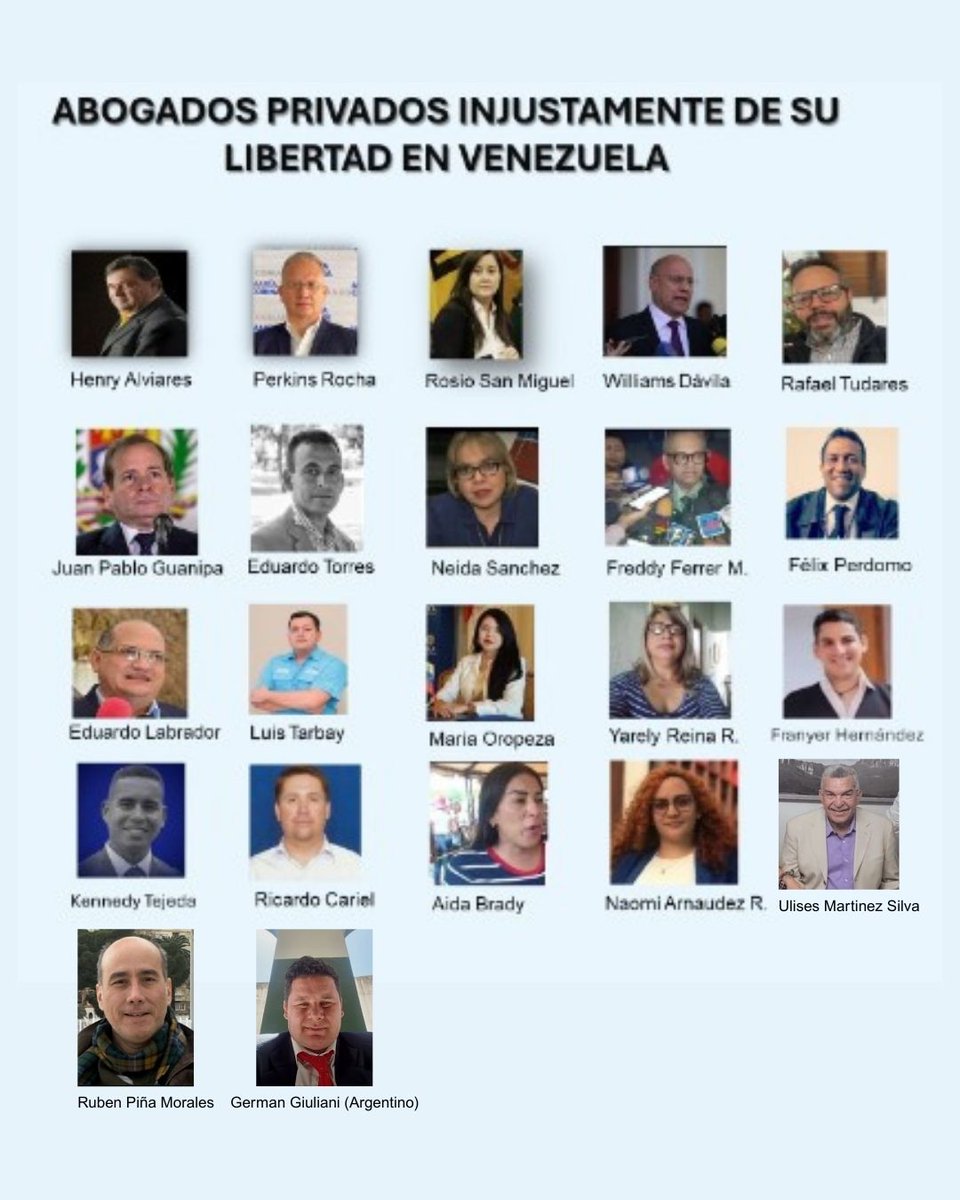 #Venezuela 

Ellos son 22 ABOGADOS presos politicos de la NarcoTirania.  21 venezolanos y 1 Argentino.

Cada uno de ellos detenido arbitrariamente, los secuestraron y con ello sus vidas y  la vida y la paz de sus familias y sus amigos. 

La criminalización del ejercicio del