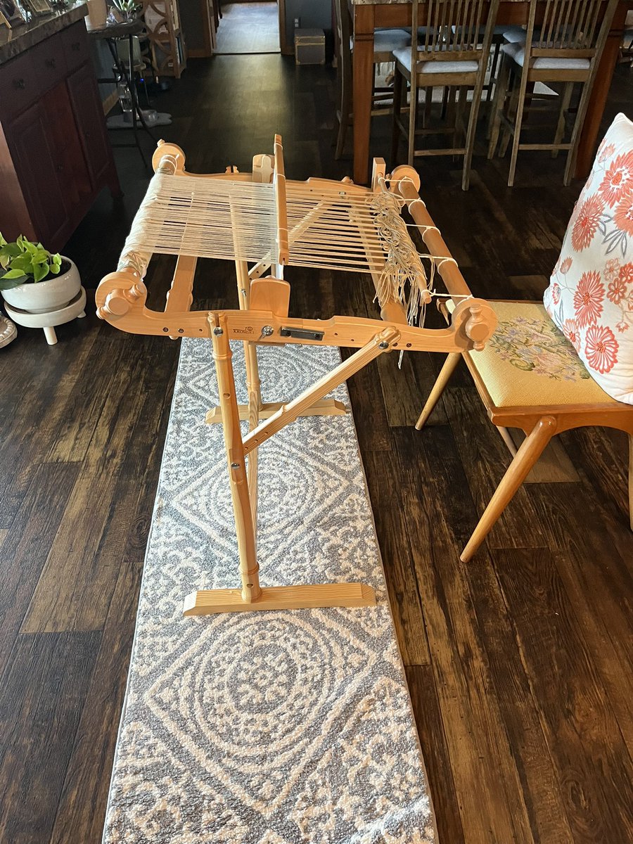 AlaskaOutpost's tweet image. Finally re-assembled my loom. Got it warped and laid down the foundation of a new project. Managed to get this new tapestry edge stitched as well. Feels so good to be weaving again. Gorgeous winter sunset to boot! A good day.