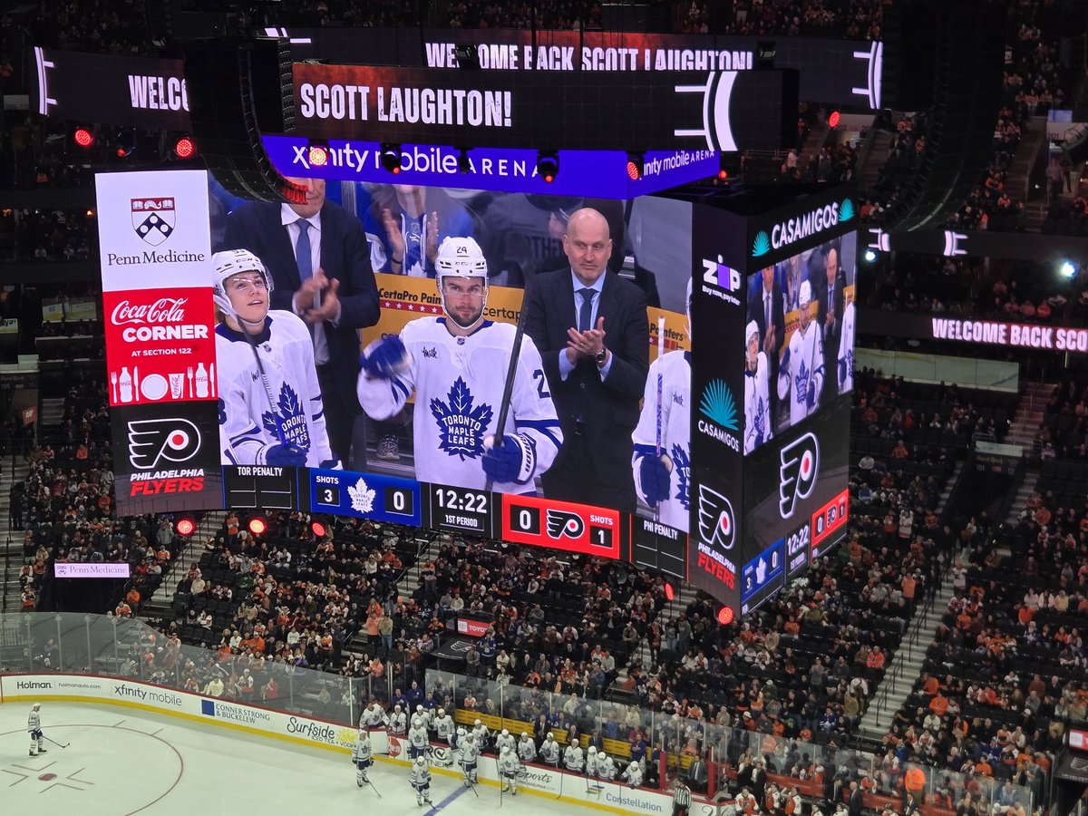 Laughton gets the full video tribute treatment at the first break from the Flyers, and a big cheer from the crowd and his former teammates.