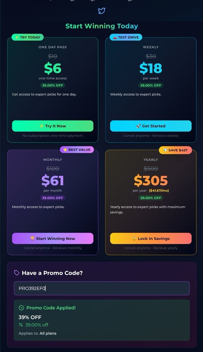 Dallasbankroll's tweet photo. 🔥 WEEKEND TAKEOVER STARTS TONIGHT 🔥
We’re rolling into the weekend 19-12 (61%) to start the month @PicksCity
📈 8-1 last 7 days in #FOOTBALL
💰 +26.4K net last 7 days
🎁 FREE PLAY TONIGHT
🏈 Fiesta Bowl @MiamiHurricanes
V @OleMissFB — Over 53.5
If you want our side on tonight’s game + tomorrow’s Peach Bowl, now’s the time.
✅ Plays 100% tracked via BetStamp
✅ Bets sent well in advance (text + Telegram)
✅ Full recaps & accountability
✅ No charge if profits aren’t earned during your period
🎟️ 39% OFF ALL PLANS (through Sunday only)
Use code: PRO392EF0
👉 Subscribe here:
https://t.co/OIZIoy7Fu2
Miss this weekend… and you’ll be chasing it next week. 👀🔥