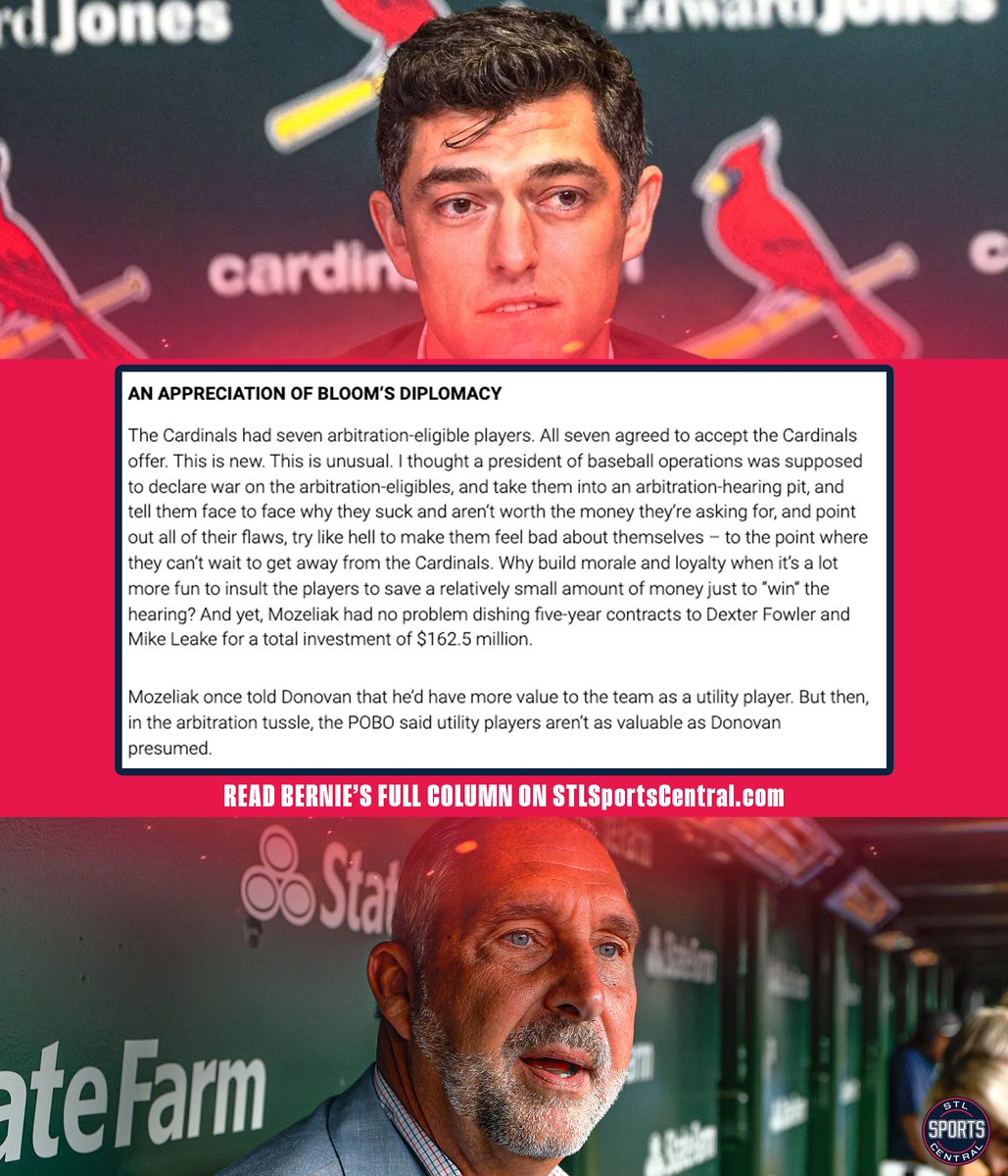 STLSprtsCntrl's tweet image. Bernie praises Chaim Bloom for handling arbitration-eligible players much better than the previous #STLCards regime

"This is unusual. I thought a president of baseball operations was supposed to declare war on the arbitration-eligibles, and take them into an arbitration hearing…