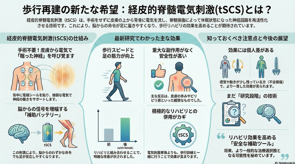 皮膚から電気を流し、休眠中の脊髄神経を活性化する技術
リハビリとの併用で歩行能力が向上し、重篤な副作用もない
不全損傷でより効果的だが、現在は最適な設定を研究する段
手術不要なリハビリ補助手段として将来の普及が期待される

#脊髄損傷 #経皮的脊髄刺激

link.springer.com/article/10.118…