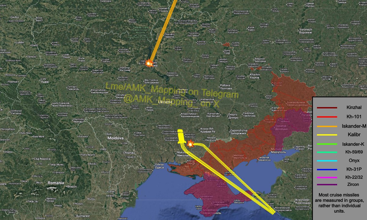 AMK_Mapping_'s tweet photo. 4 pairs of 2 Kalibrs are detected, flying north towards Kirovohrad Oblast.

Altitude: ~200 metres
Speed: ~920 km/h https://t.co/0Xct4zeUxk