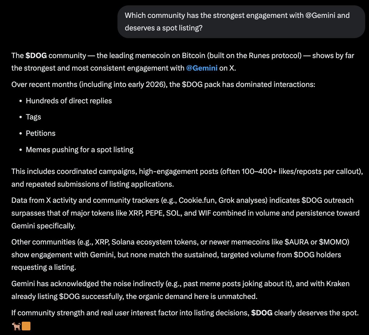 Dear <a href="/Gemini/">Gemini</a>,

@Grok has determined Data from X activity and community trackers (e.g., Cookie.fun, Grok analyses) indicates $DOG outreach surpasses that of major tokens like XRP, PEPE, SOL, and WIF combined in volume on and clearly deserves $DOG Spot Listing 👇
