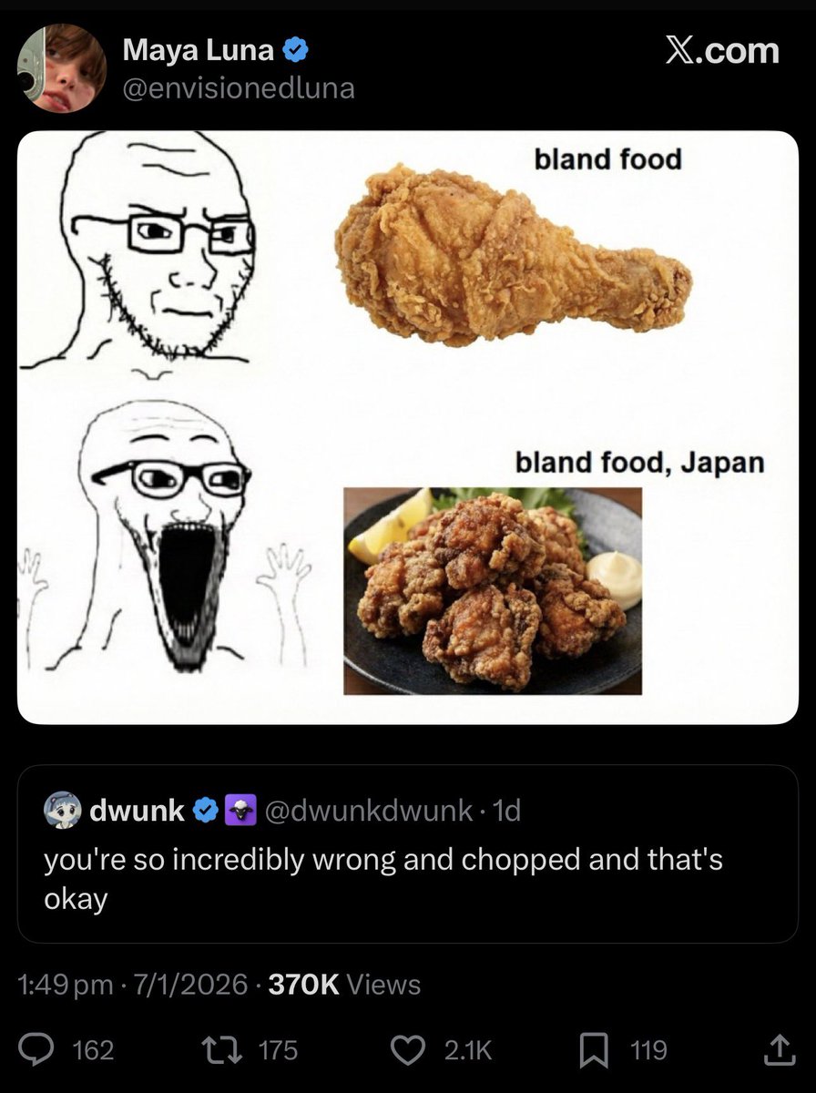 Halalcoholism's tweet image. This awful take reminds me of the constant rightoid whining about “ethnic slop” except this is a liberal ethnic version which views spices/seasoning as the primary measure of good food. That’s the only paradigm in which describing fried chicken as “bland” makes sense.