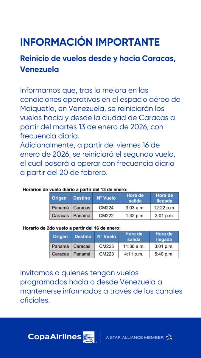 INFORMACIÓN IMPORTANTE:

Reinicio de vuelos desde y hacia Caracas,
Venezuela