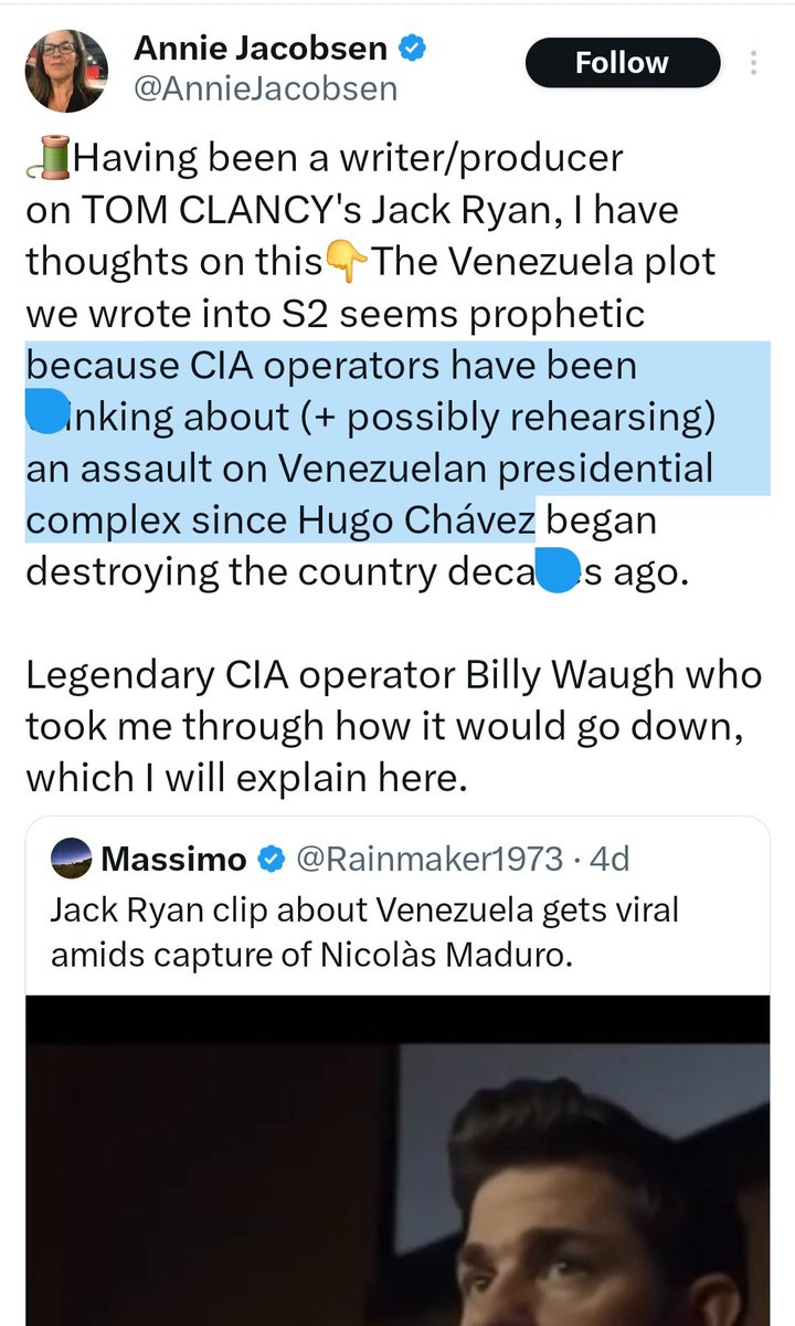 BenjaminNorton's tweet image. A writer on horrible Amazon Prime show Tom Clancy's Jack Ryan admits the series is CIA propaganda, based on CIA plans to kidnap/kill political leaders the US empire doesn't like.

She also admits the CIA made plans to kill Venezuela's democratically elected President Hugo Chávez.