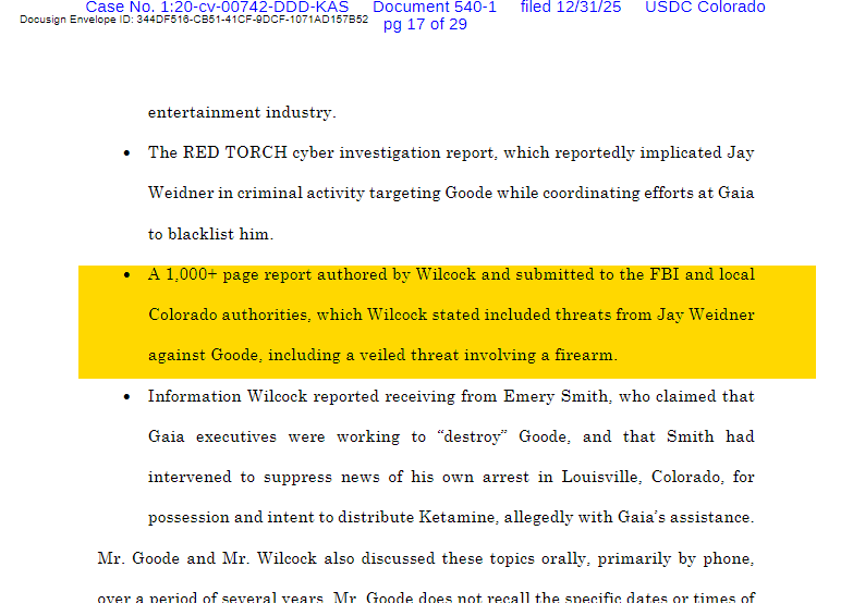 In one of the more bizarre public filings in the Goode v. Gaia case, Corey Goode has accused <a href="/david_wilcock/">David Wilcock</a> of writing a 1000+ page report to the FBI that accuses <a href="/jayweidner37/">jayweidner37</a> of threatening <a href="/CoreyGoode/">Corey Goode (Official)</a> with a firearm.  courtlistener.com/docket/1698693…

<a href="/StevenCambian/">Steven Cambian</a> <a href="/thehiddenpod/">Hidden In Plain Sight</a>