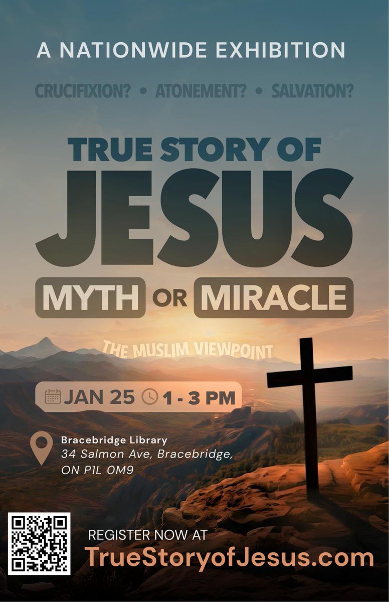📢 Bracebridge — You’re invited!

Explore the #TrueStoryofJesus from the Muslim perspective.

Myth or Miracle? Crucifixion? Atonement? Salvation?

🗓 Jan 25 | 1–3 PM
📍 Bracebridge Library

🔗 Register: TrueStoryofJesus.com

#Bracebridge #MuskokaEvents #MuslimYouth