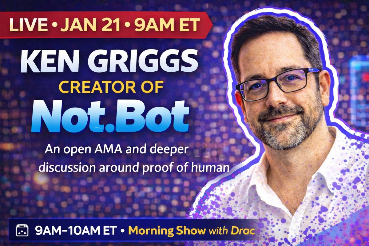 DracattusDev's tweet image. NOT.BOT with Ken Griggs (@fizpawiz)
Jan 21st - 9am Eastern
Not.Bot is the best solution for proof-of-human and Ken is joining us for a full blown AMA. Set your reminders.