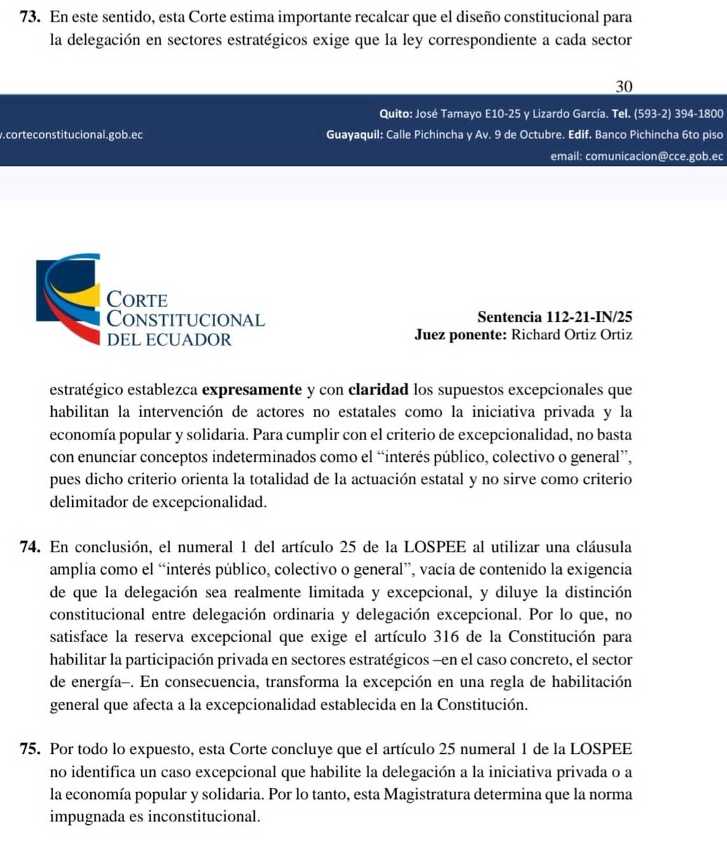 Fallo de la Corte Constitucional sobre el Sector Eléctrico, mediante sentencia 112-21-IN/25
Freno  a la privatización: Se declaró inconstitucional el numeral 1 del Art. 25, el cual permitía delegar servicios al sector privado bajo el argumento      ambiguo de "interés general".