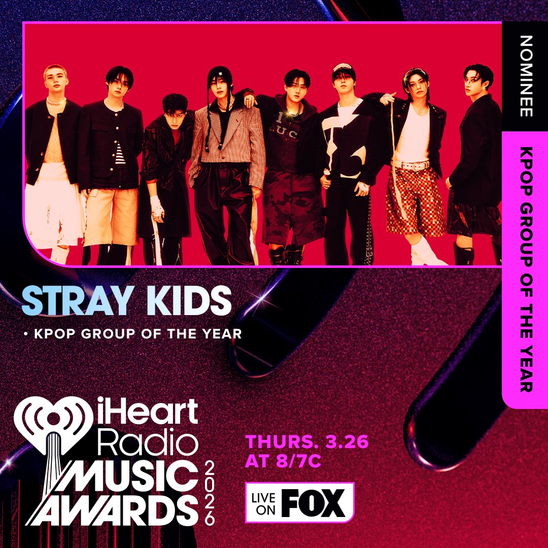 Stray_Kids's tweet image. [iHeartRadio Music Awards]

Stray Kids has been nominated for ‘K-pop Group of the Year’ at the 2026 #iHeartAwards! 
Thank you STAY for all the love and support💗

✨K-POP GROUP OF THE YEAR

#StrayKids #스트레이키즈
#YouMakeStrayKidsStay
@iHeartRadio