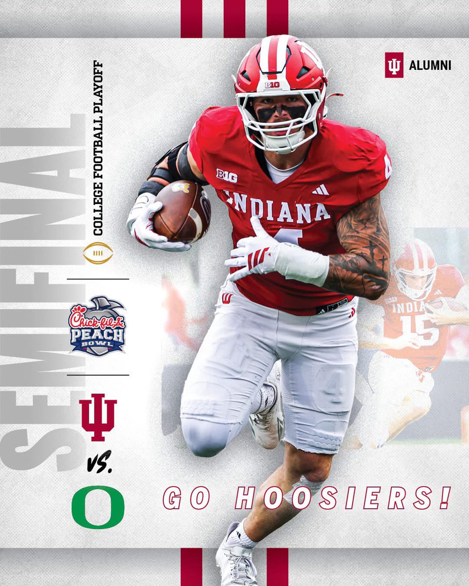 ChathamButler's tweet image. Friday night #IU continues its quest towards the National Championship! The #PeachBowl kicks off at 7:30pm! Get here early to get a seat and cheer on the #Hoosiers! #NeverDaunted #CFBPlayoff 🍑🍑🏆