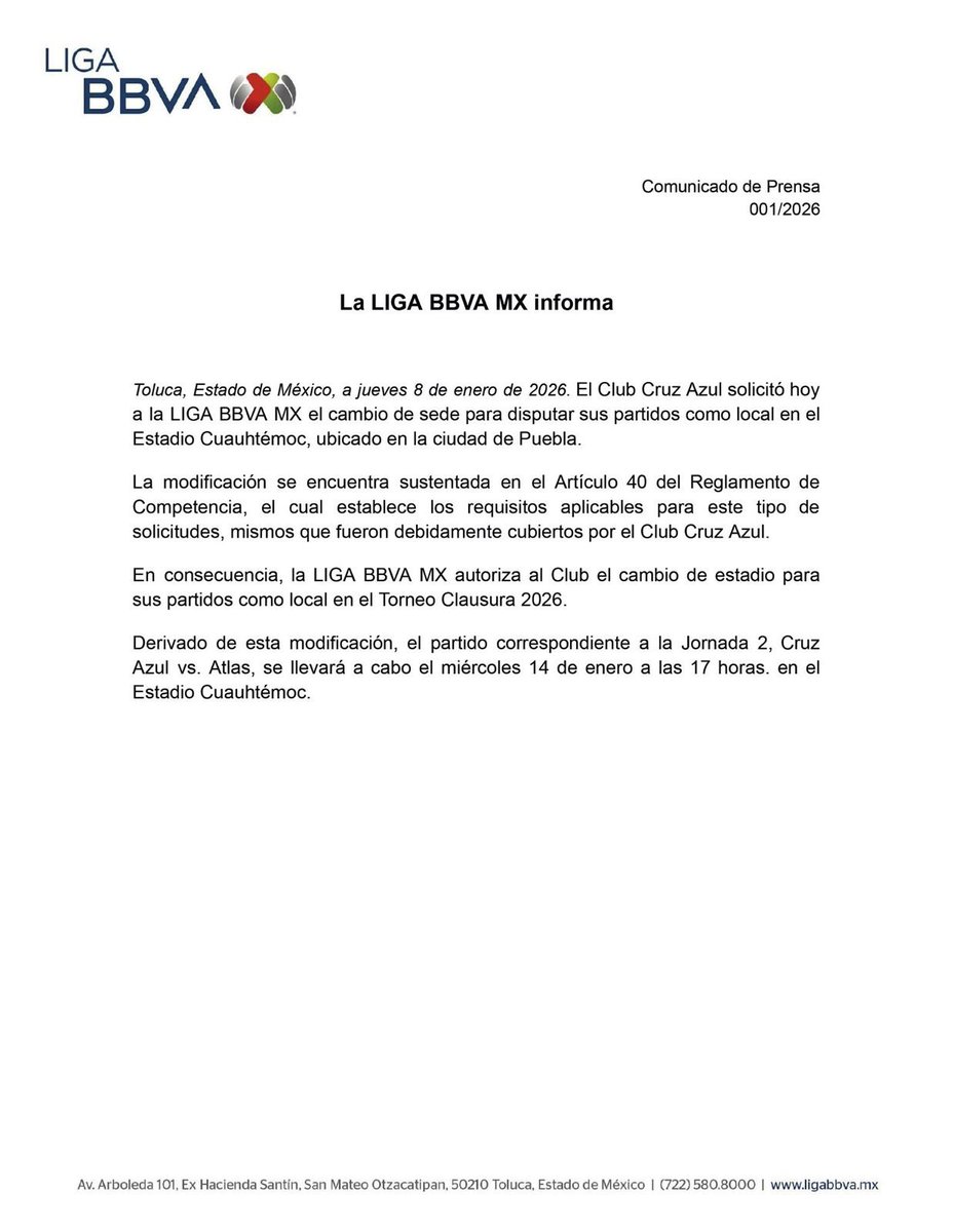 #SomosCornerMX

CRUZ AZUL JUGARÁ EL CLAUSURA 2026 EN PUEBLA 🚨🚂

Por medio de un comunicado la Liga MX informó que Cruz Azul solicitó disputar sus partidos como local en el estadio Cuauhtémoc

Cruz Azul debutará de local contra Atlas el próximo miércoles 14 de Enero a las 5 PM