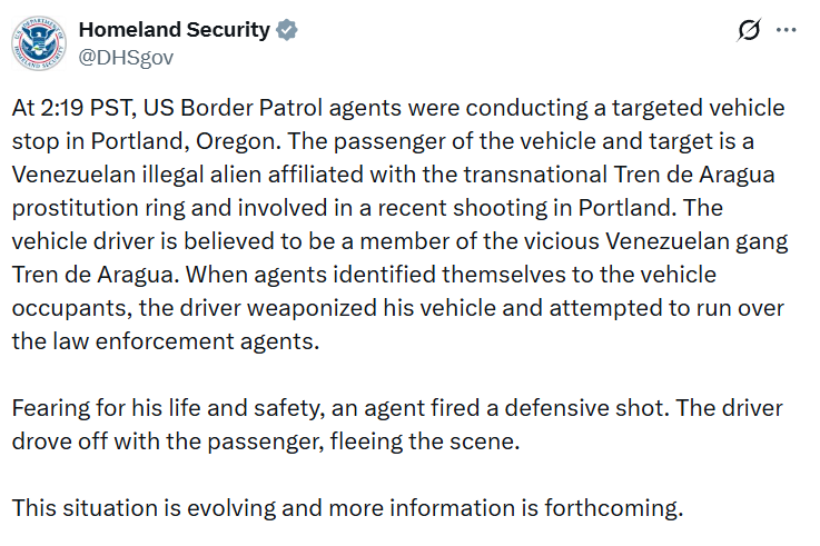 BNONews's tweet image. UPDATE: DHS says 2 people shot by Border Patrol agents in Portland are members of Venezuelan gang who tried to run over agents