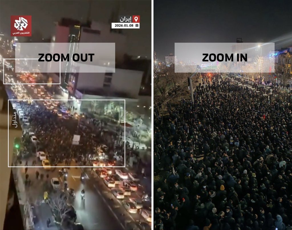 SilentlySirs's tweet image. 🔍 When the camera becomes a propaganda tool:

▪️ Protesters in Iran often gather at busy intersections
▪️ They blend in with cars and passersby
▪️ Photos are taken from close-up angles to exaggerate crowd size

But from a wide angle?
A small group in normal traffic.

A real…
