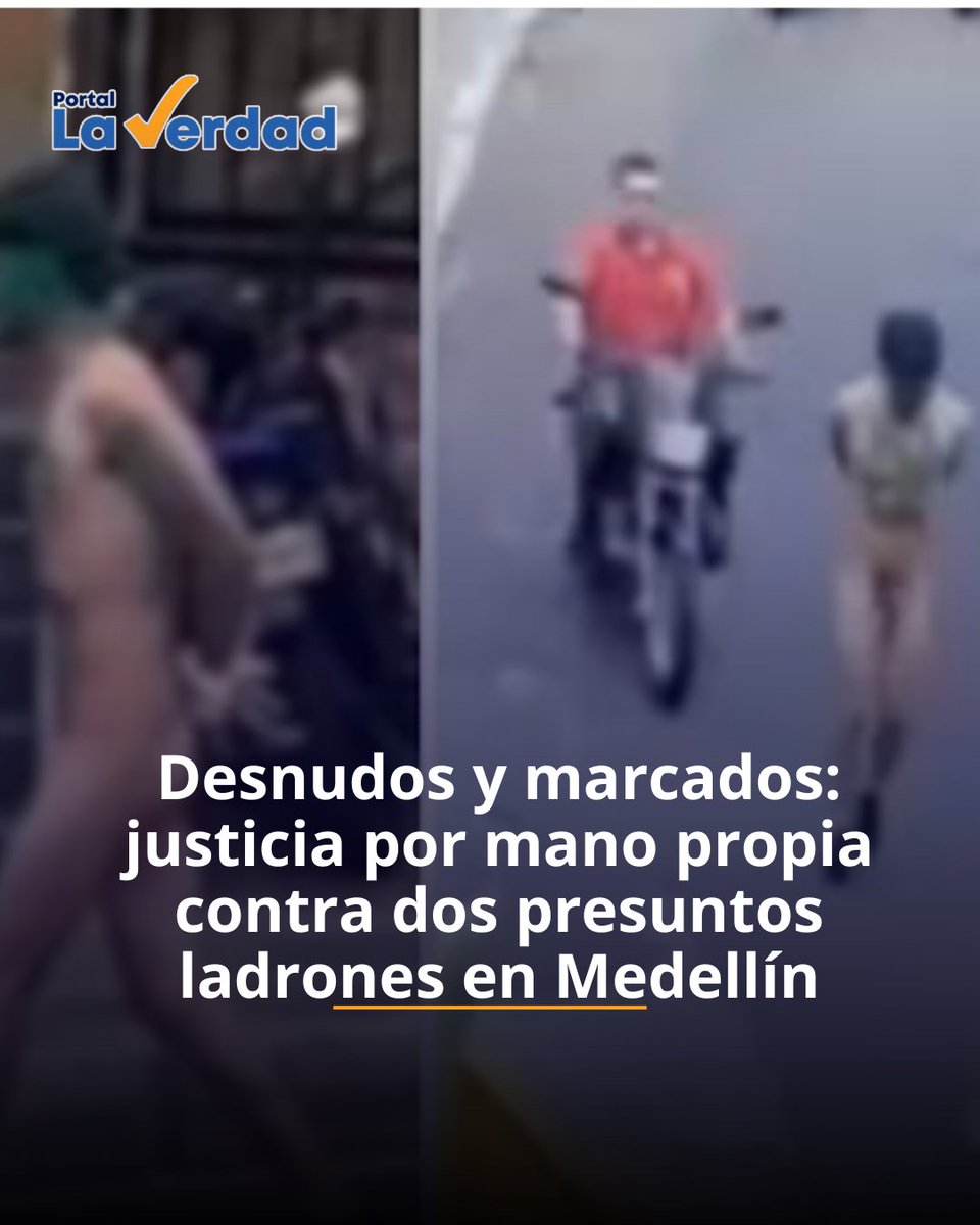 portallaverdad_'s tweet photo. Cansados de la delincuencia, habitantes del barrio El Picacho, en la comuna 6 de Medellín, retuvieron a dos presuntos ladrones, los desnudaron, los pintaron de verde y los marcaron con palabras como “rata” y “ladrón”. Los obligaron a recorrer la vía principal del sector mientras eran exhibidos ante vecinos y grabados en video.
Las imágenes se hicieron virales en redes sociales, donde crece el debate entre el hartazgo ciudadano y el riesgo de la justicia por mano propia. Hasta ahora, la Policía no se ha pronunciado sobre lo ocurrido.
