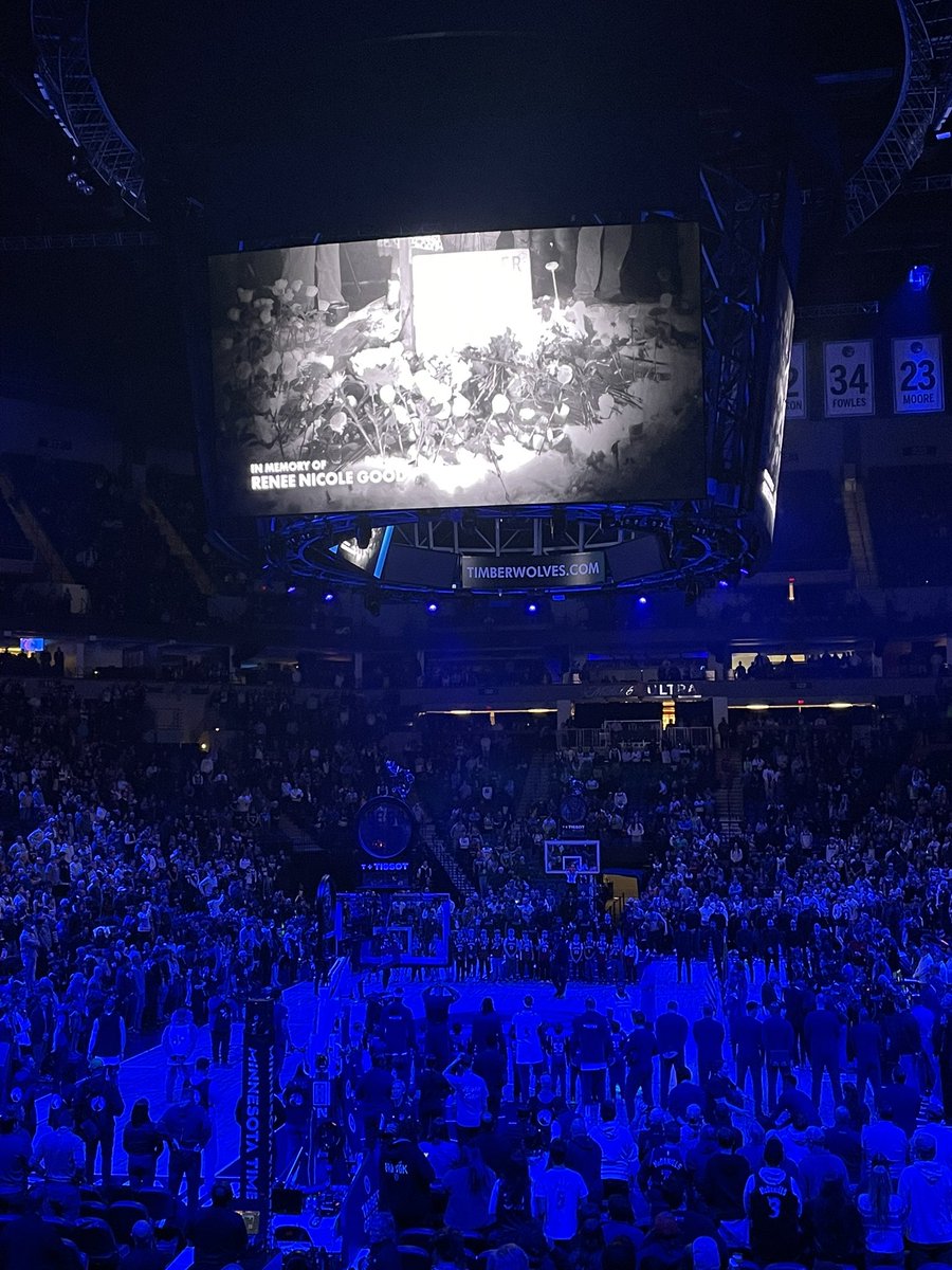 CharlieWaltonMN's tweet image. Wolves hold a moment of silence pregame for Renee Nicole Good, who was shot and killed by an ICE agent yesterday in Minneapolis.

The silence was broken with an eruption of cheers after a fan yelled “GO HOME ICE.”