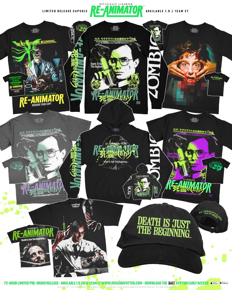 Who's going to believe a talking head?!

Presenting our officially licensed RE-ANIMATOR (1985) capsule releasing TONIGHT 1.9 @ 12AM ET / Early access available exclusively on the FTTN App @ 11:30PM ET

Limited 72-hour release / Pre-orders end Sunday 1.11 @ 11:59PM ET