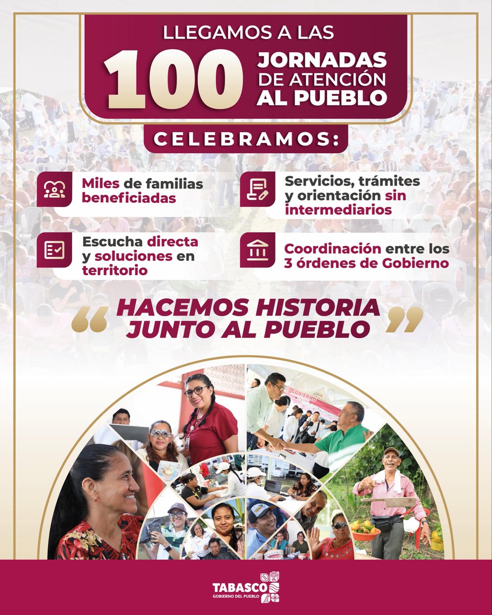 Alcanzamos las primeras 100 Jornadas de Atención al Pueblo en Territorio. Este 2026 vamos por muchas más, porque el bienestar alcanza todos los rincones de Tabasco. 

Que nadie se quede atrás, y que nadie se quede afuera.