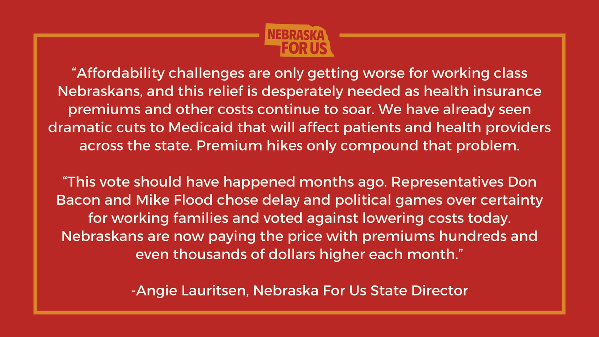 NebraskaForUs's tweet photo. A statement from State Director Angie Lauritsen as the House restores tax credits to make health care more affordable, despite opposition from Nebraska's federal delegation. #DefendingTheGoodLife #NE01 #NE02 https://t.co/z9QSWEmOmG