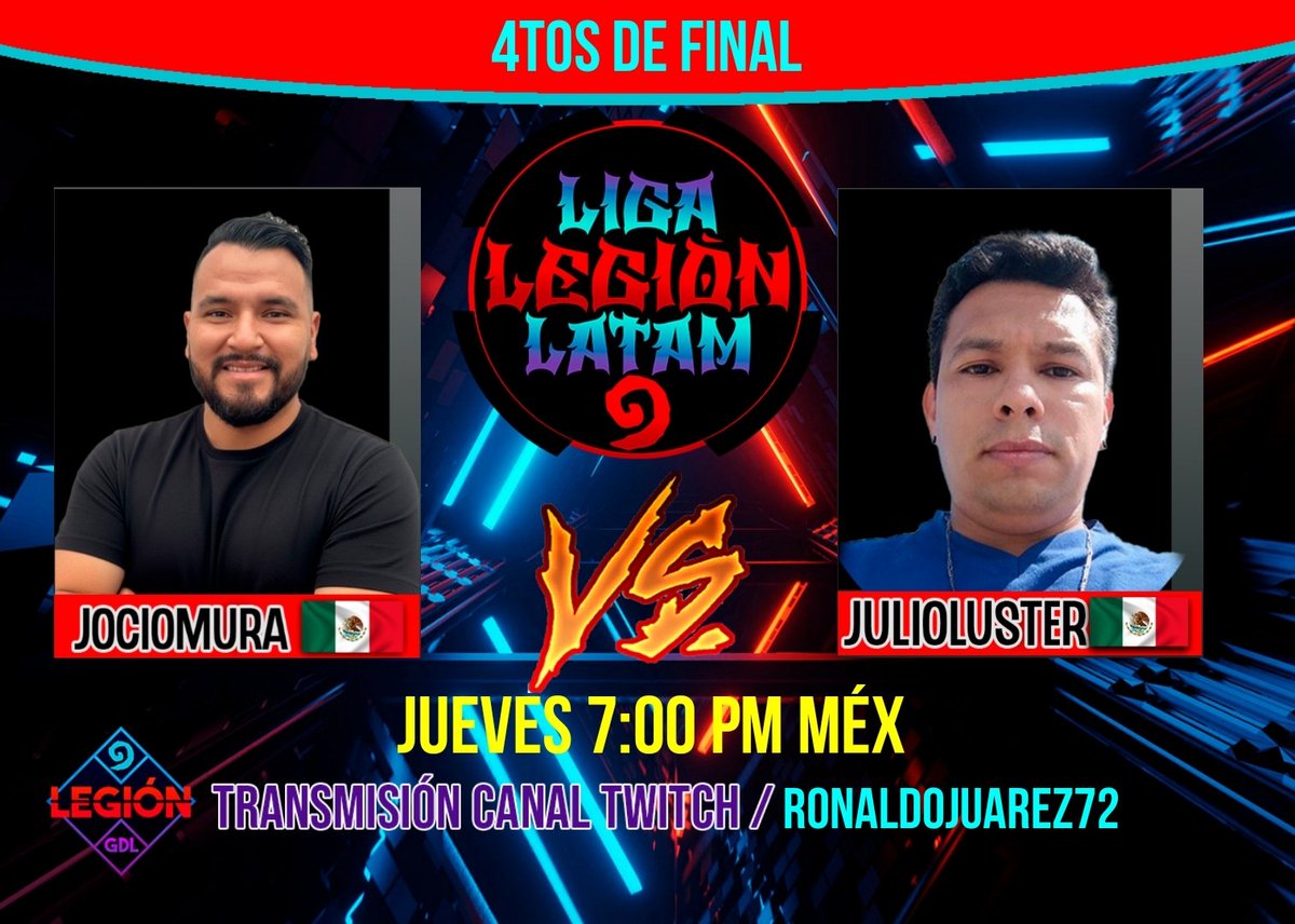 🎥 ¡YA ESTAMOS EN VIVO!  
Conéctate ahora a Twitch.tv/ronaldojuarez72 y sé testigo del duelo que definirá al próximo semifinalista de la liga.

⚔️ 🇲🇽 <a href="/jocio_mura/">José Mauricio Muñiz</a> vs <a href="/julioluster/">Julioluster</a> 🇲🇽  
¿Quién avanzará a la siguiente fase?

🔥 No te lo pierdas, únete a la transmisión