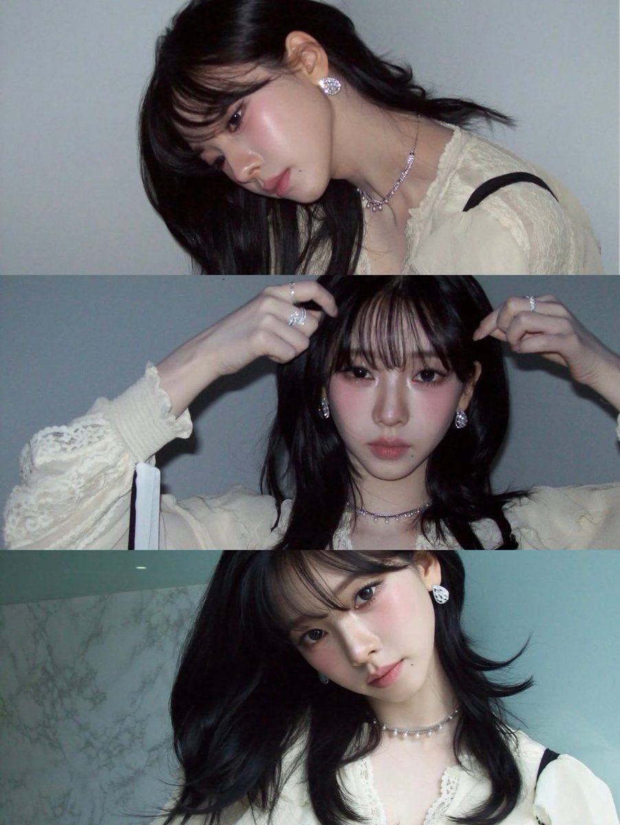 Whispers of lace and moonlight—three fleeting glances into a dreamlike reverie, where delicate pearls trace the curve of quiet elegance, and time pauses in the tender hush of her gaze.