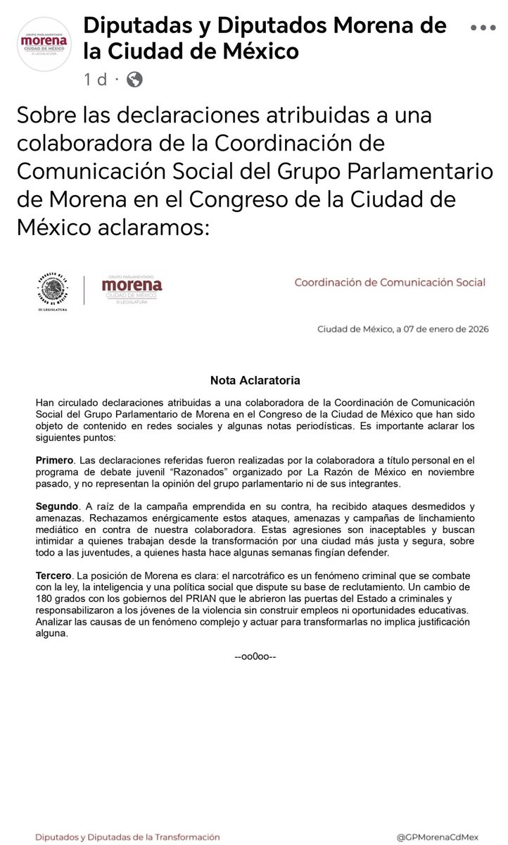 #GraphosCc #Noticias #CongresoCDMX #Morena Han circulado declaraciones atribuidas a una colaboradora de la Coordinación de Comunicación Social del Grupo Parlamentario de Morena en el Congreso de la Ciudad de México que han sido objeto de contenido en RS facebook.com/share/p/1AR4NS…