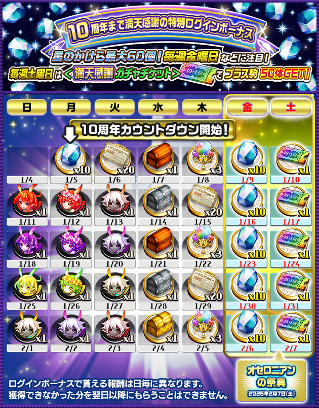 ◎◉10周年まで満天感謝の特別ログインボーナス◉◎ 祭典当日の2/7(土