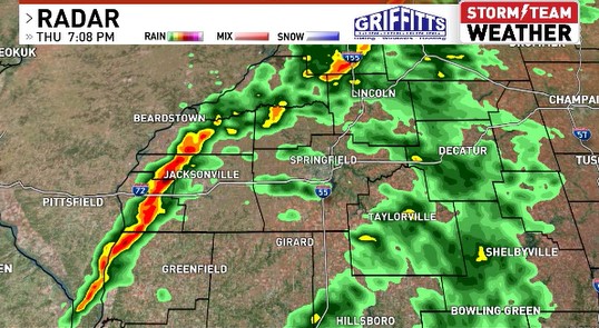 The good news is that there are no watches or warnings in effect anywhere across central Illinois. Currently light rain for Springfield, but a band of heavy rain is line up just to the west in a swath from near Arenzville to Winchester. So prepare for another good soaking soon.