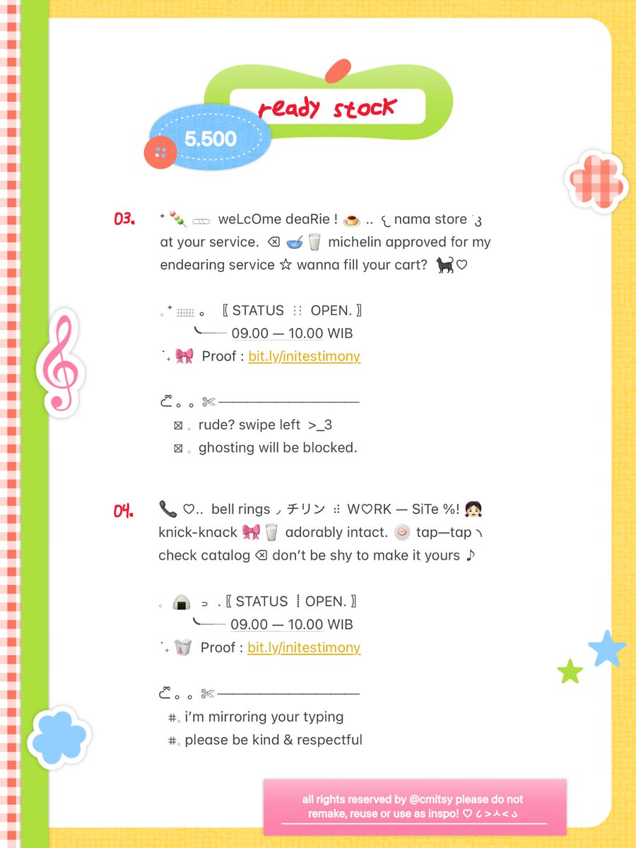 LOLYBUNS's tweet image. ⠀⠀⠀
Ი⑅𐑼  %  a  repost,  please ? .. 🍀♡
today’s  harvest:   。。✏️ 𓏮  ⎯⎯⎯
🎹 𓂃˚ ᩠ ᓚ  4  cute  core  wabis  bio
..   ノ 📮 mail  me  for  യ ˙🐰 claim

☆﹒ wording  ready stock  rs  👩🏻‍🌾
꩜﹒ check  the  alts  for  info  💬

⠀ ╰────────  t. #zonauang 
⠀⠀