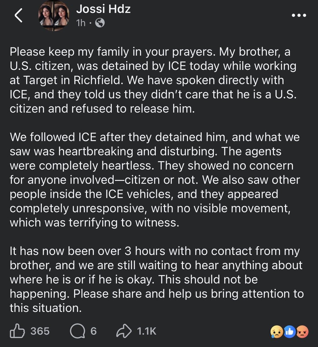 lydiakauppi's tweet image. US citizen that was detained at Richfield Target today while at work being mysteriously held with no charges