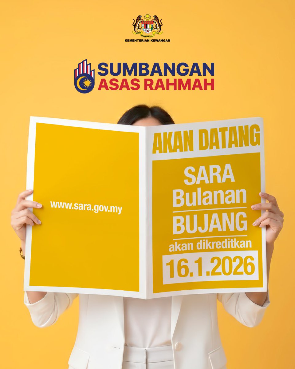 🎉 Hari ini, Sumbangan Asas Rahmah (SARA) Bulanan untuk isi rumah dan warga emas telah pun dikreditkan.

Yang bujang pun dapat! 💛
16 Januari 2026 giliran anda pula!
