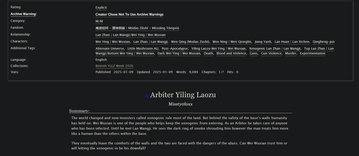 Missty0Foxx's tweet photo. Bottom Yllz week - Day 6: Arbiter Yiling Laozu

E | Xenogenicji/Humanxian | 9,089 | on-going 

#WangXian #MoDaoZuShi #WeiWuxian #LanWangji #MDZS #BottomYllzWeek @BottomYllzWeek

Link ↓ https://t.co/ZGllLMfrqg