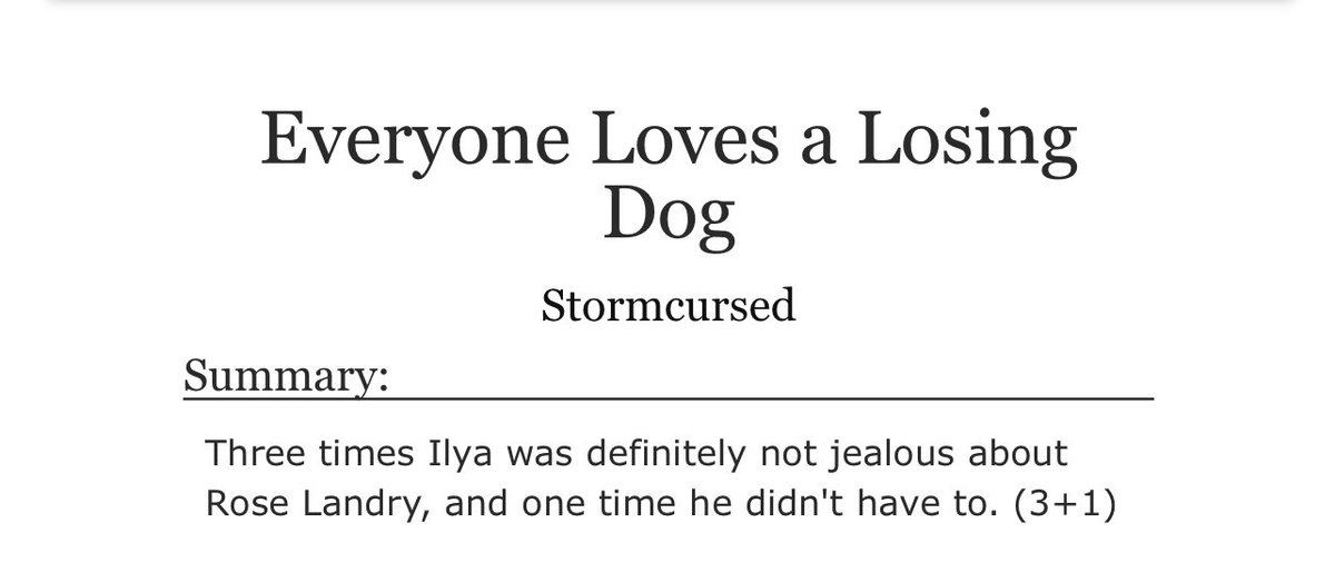 saltedsan's tweet image. 34. Everyone Loves a Losing Dog | 5.5k words 

"Three times Ilya was definitely not jealous about Rose Landry, and one time he didn't have to."

✨ archiveofourown.org/works/77312411