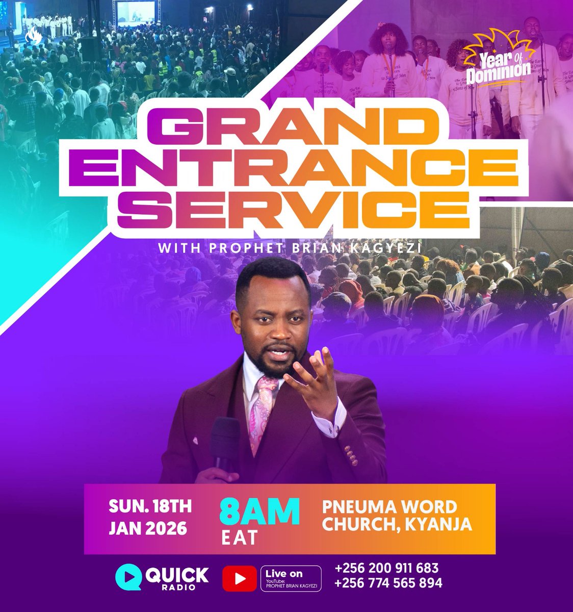 First Sunday, first service. 

Join us on the 18th January for the year's first service, Grand Entrance service, at Pneuma Word Church,  Kyanja, 8 AM.

 2026 - Year of Dominion. #YearOfDominion