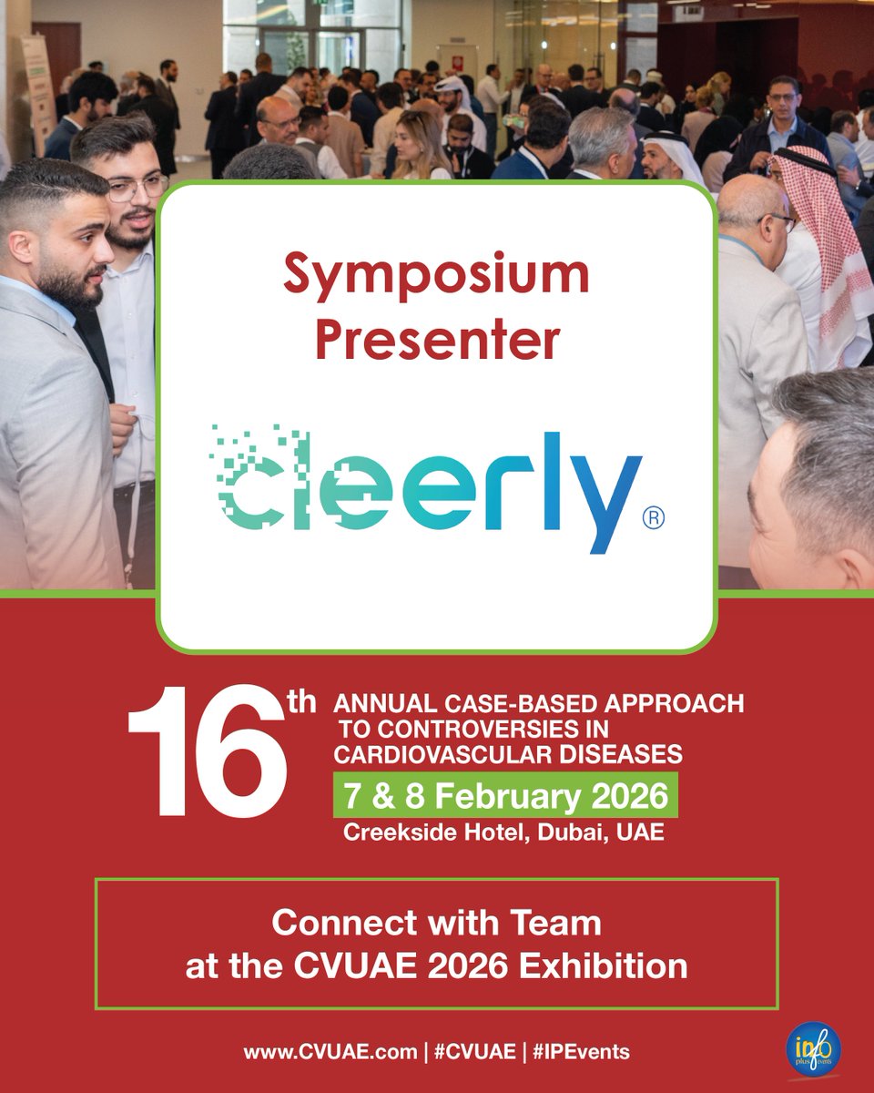 CVConfUAE's tweet image. We are pleased to welcome Cleerly as the Symposium Presenter at CVUAE 2026.

Register now @  bit.ly/CVUAEreg &amp;amp; Connect with the team at the CVUAE 2026 Exhibition on 7–8 February 2026 in Dubai.

Discover more: cleerlyhealth.com
#Cleerly #Cardiology #IPEvents